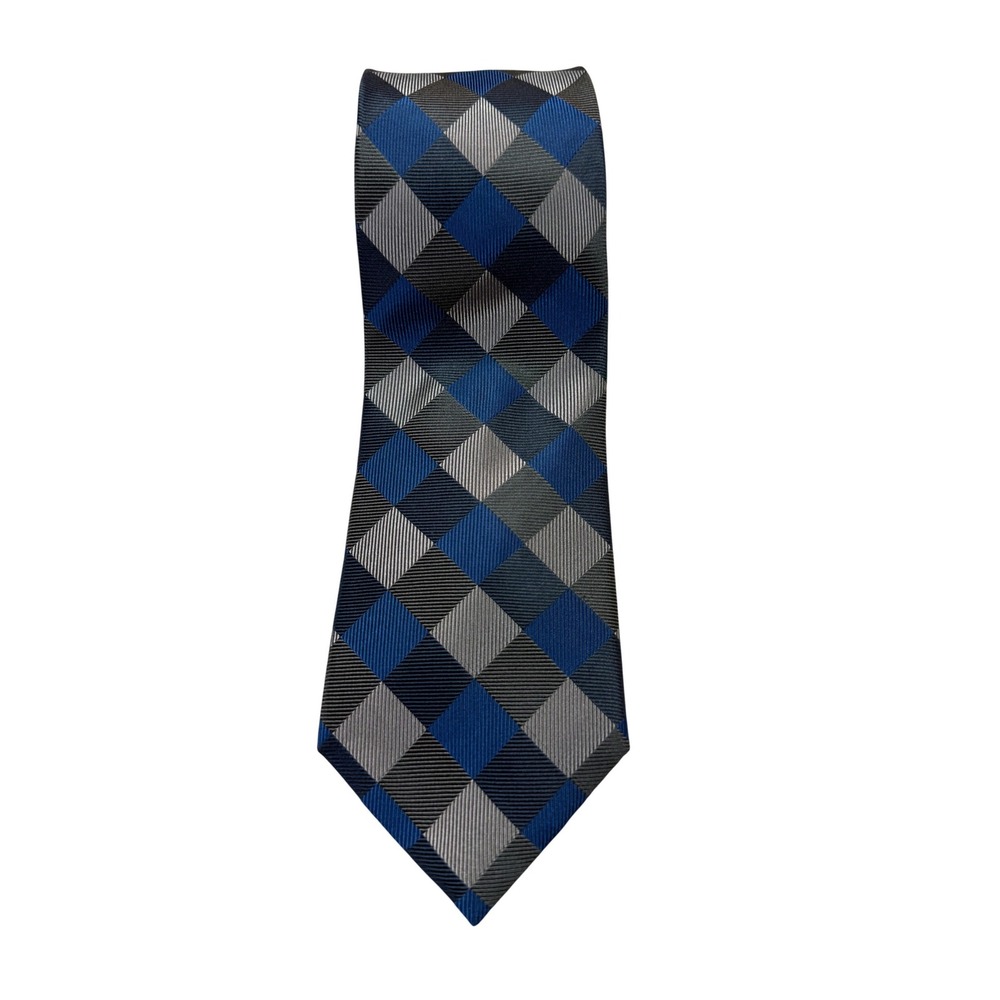 Countess Mara Silk Tie Blue Grey Excellent Checkered‎ Crown Logo Hand Made